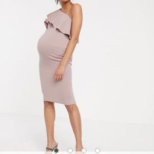 Pink Asos shoulder ruffle detail maternity dress.